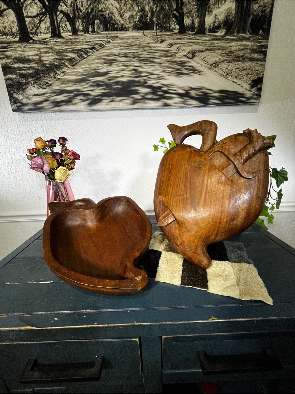 Vintage Hand-Carved Wooden Apple 🍎 Bowl with Sword 🗡️